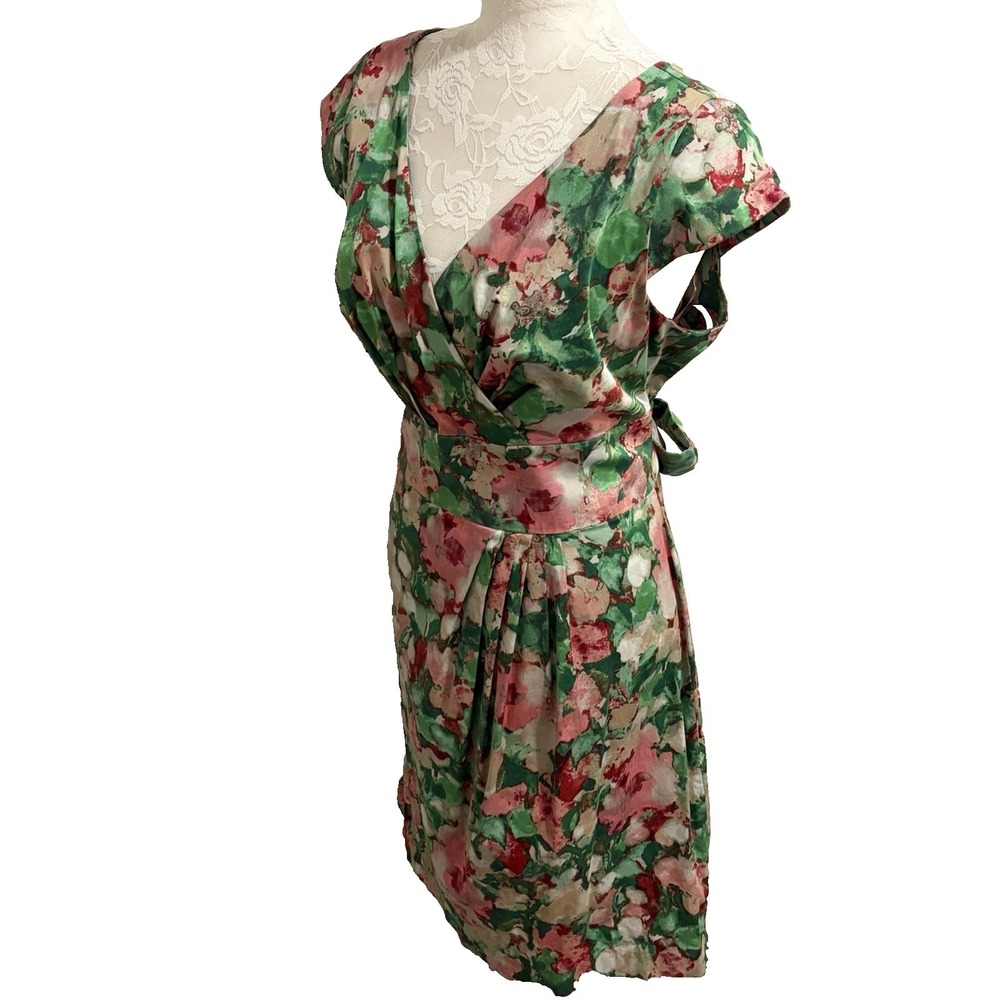 Talbots Cotton Sun Dress~12~ Watercolor Floral Fitted Belted V Nk Cap Sl Cottage - Picture 6 of 16